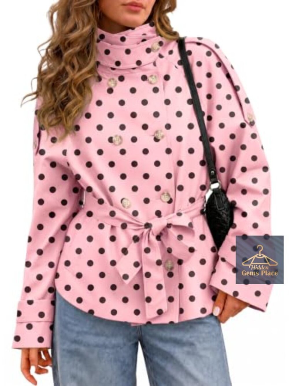 Women's Cropped Double Breasted Trench Coat with Tie Waist and Polka Dot Pattern
